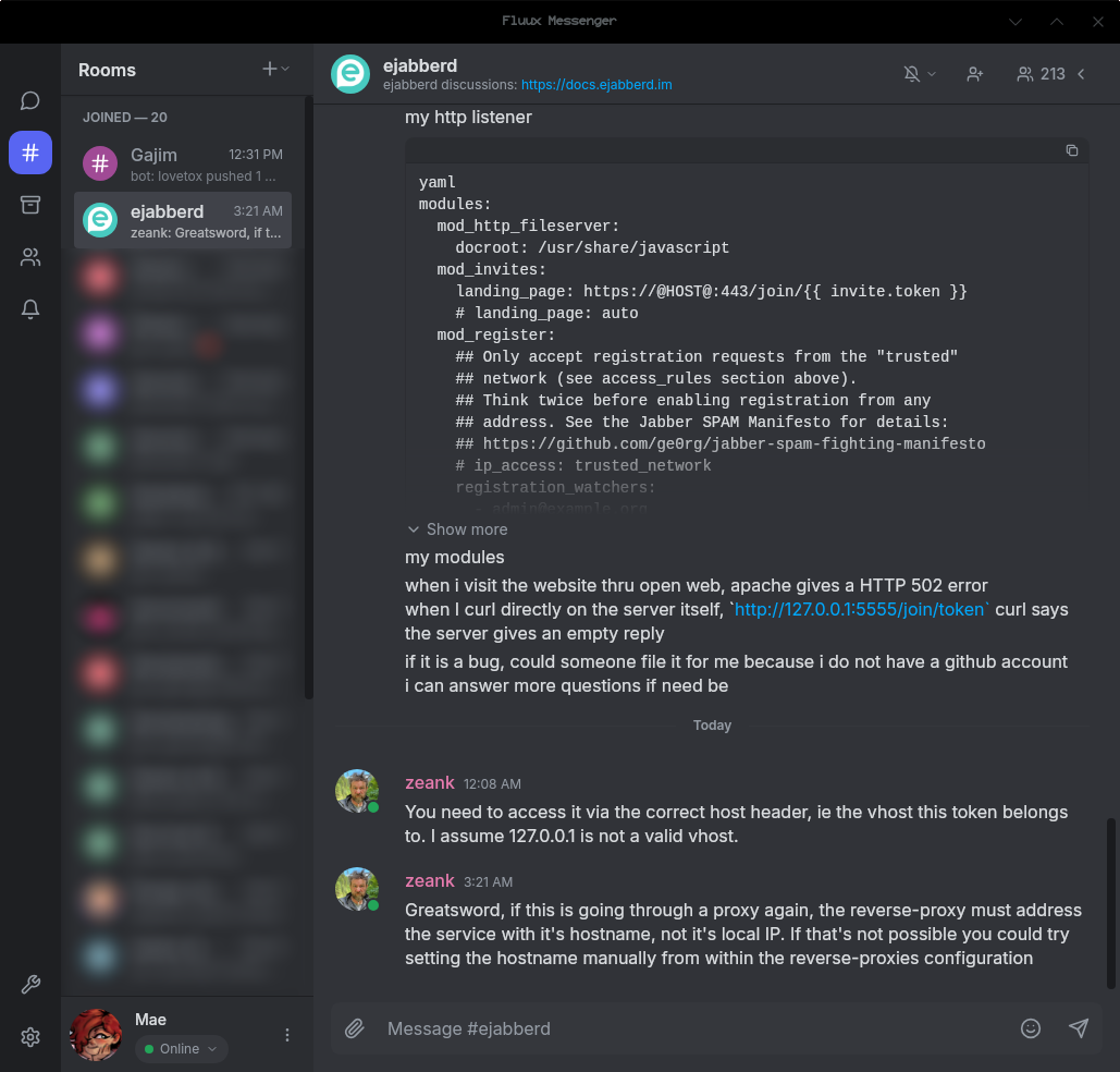 Screenshot of Fluux, with some information bluured for privacy