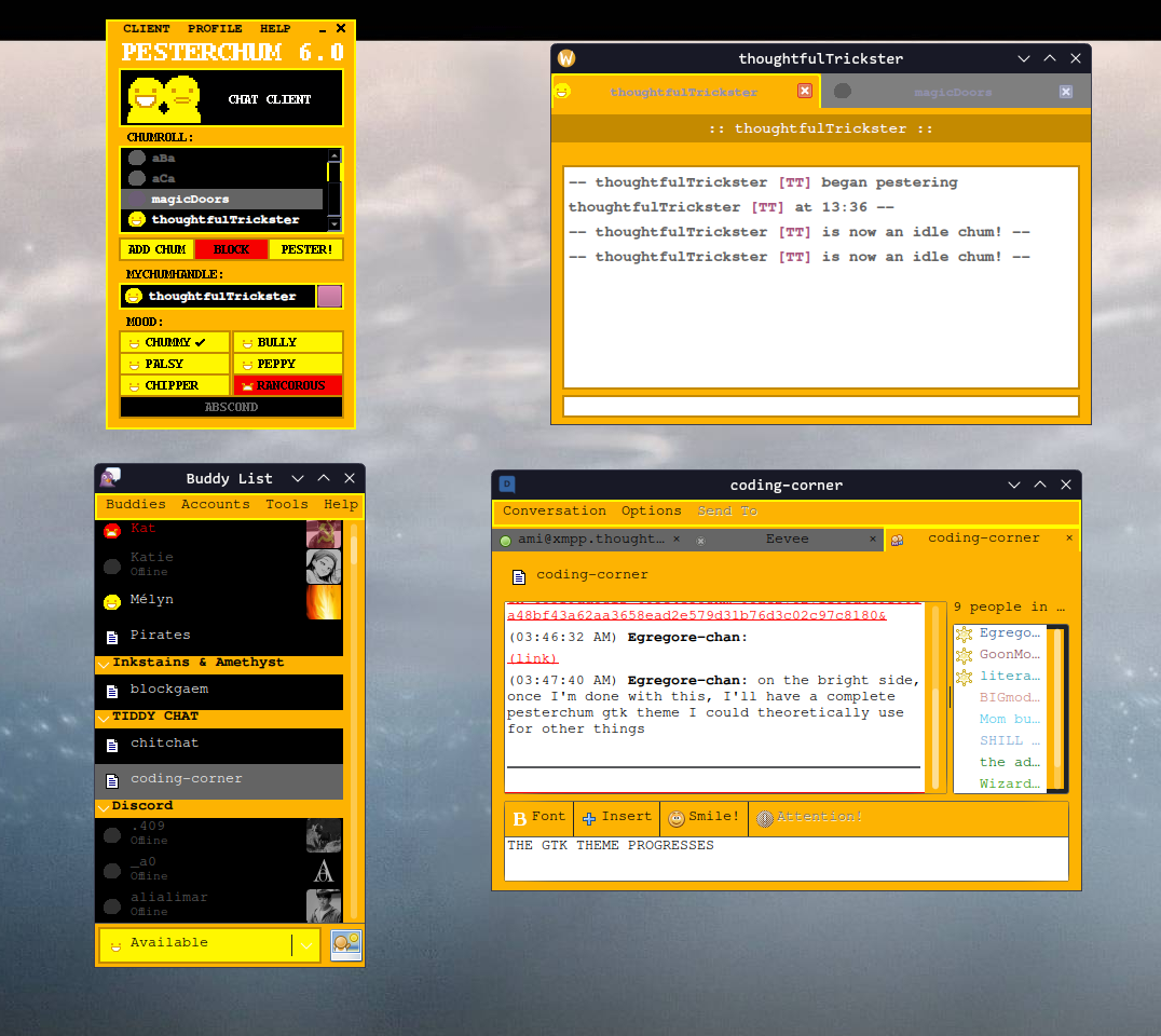 Screenshot of Pesterchum and Pidgin, with Pidgin themed to look like Pesterchum